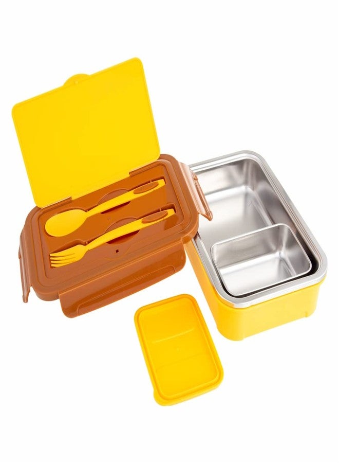DUBBLIN Buffet Stainless Steel Lunch Box Insulated Airtight Spill Proof with Spoon, Fork & mini sabzi Container Inside, 850 ml, Yellow - Image 4